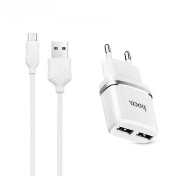 Incarcator Priza Hoco, C12 Smart 2 x USB, Cablu USB Type-C, Alb Incarcator Priza Hoco, C12 Smart 2 x USB, Cablu USB Type-C, Alb