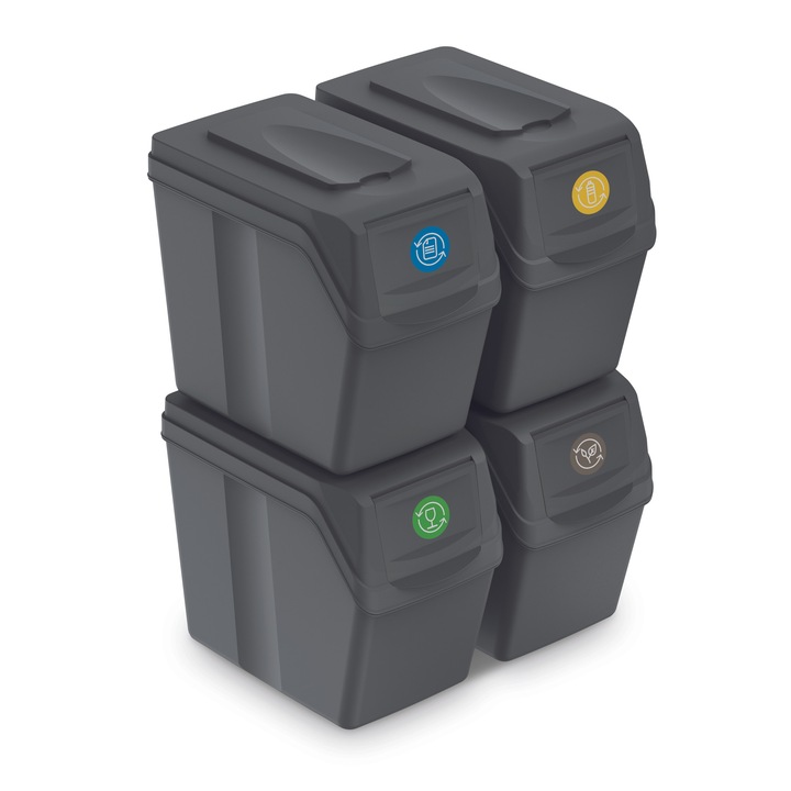Set 4 buc cosuri de gunoi pentru colectare selectiva "Sortibox", gri (stone grey), volum 20 litri, suprapozabile