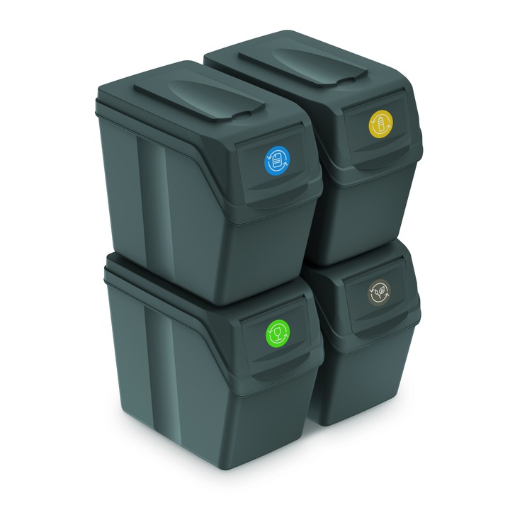 Комплект 4 кошчета за селективно събиране "Sortibox", сиви (каменно сиви), обем 20 литра, стифиращи