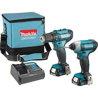 Set 2 scule Masina de gaurit si insurubat si Masina de insurubat cu impact CLX224SA Makita Max 110Nm 12V 2Ah Compact eXtreme Technology cu 2 acumulatori Li-Ion + Incarcator + Geanta transport cu fermoar Mandrina Rapida