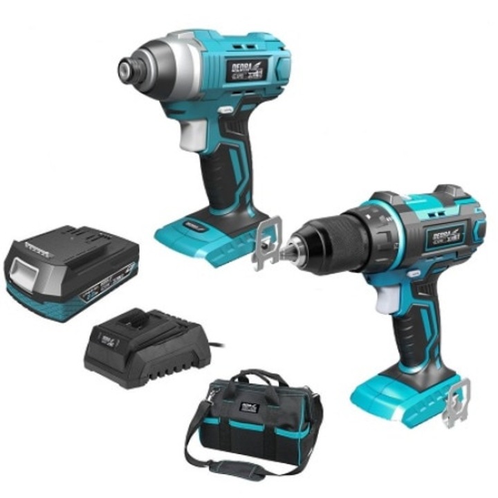 Set profesional de scule cu acumulator DEDRA SAS+ALL 18V DED7014, include bormasina DED7040, surubelnita cu impact DED7045, 2 acumulatori Li-ion 2.0Ah, incarcator rapid, geanta transport. Ideal pentru lucrari diverse in casa si atelier, cu