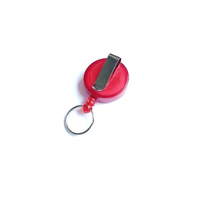 Snur ( rola ) retractabil mini, cu inel si clips pentru curea, CardKeep, Rosu transparent