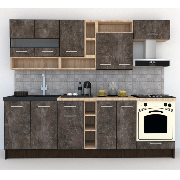 Set Bucatarie Genarom Cossy New 260 Wenge / Decor 4299, 260 x 200 - 230 x 60 cm