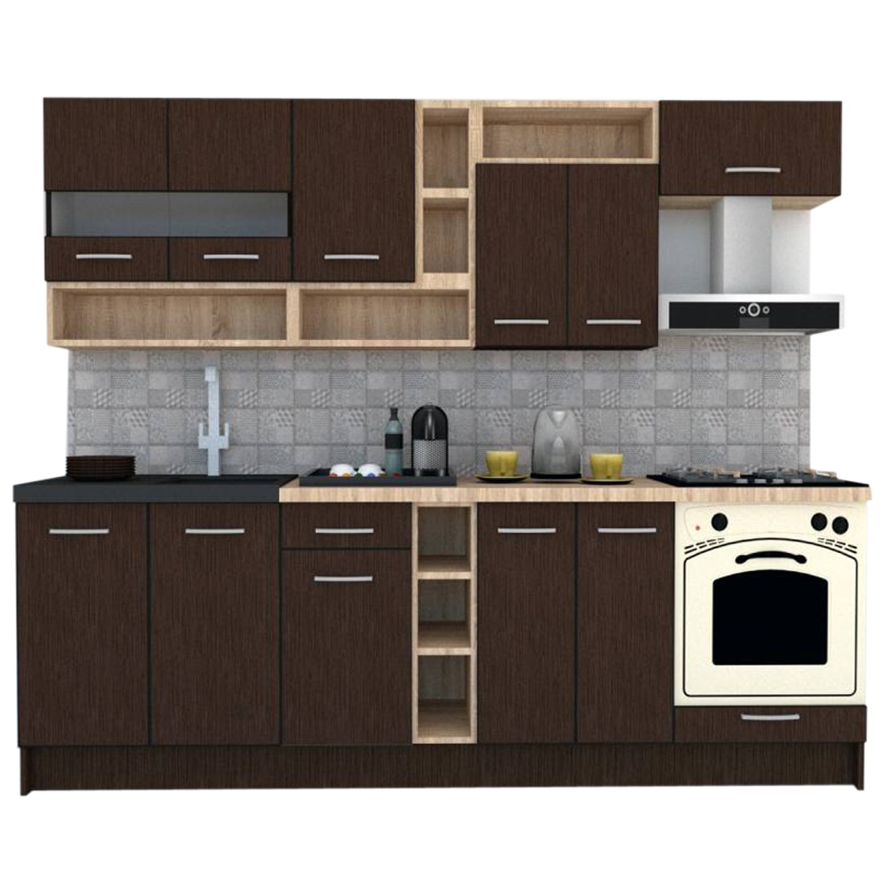 Set Bucatarie Genarom Cossy New 260 Wenge / Decor 8548, 260 x 200 - 230 x 60 cm