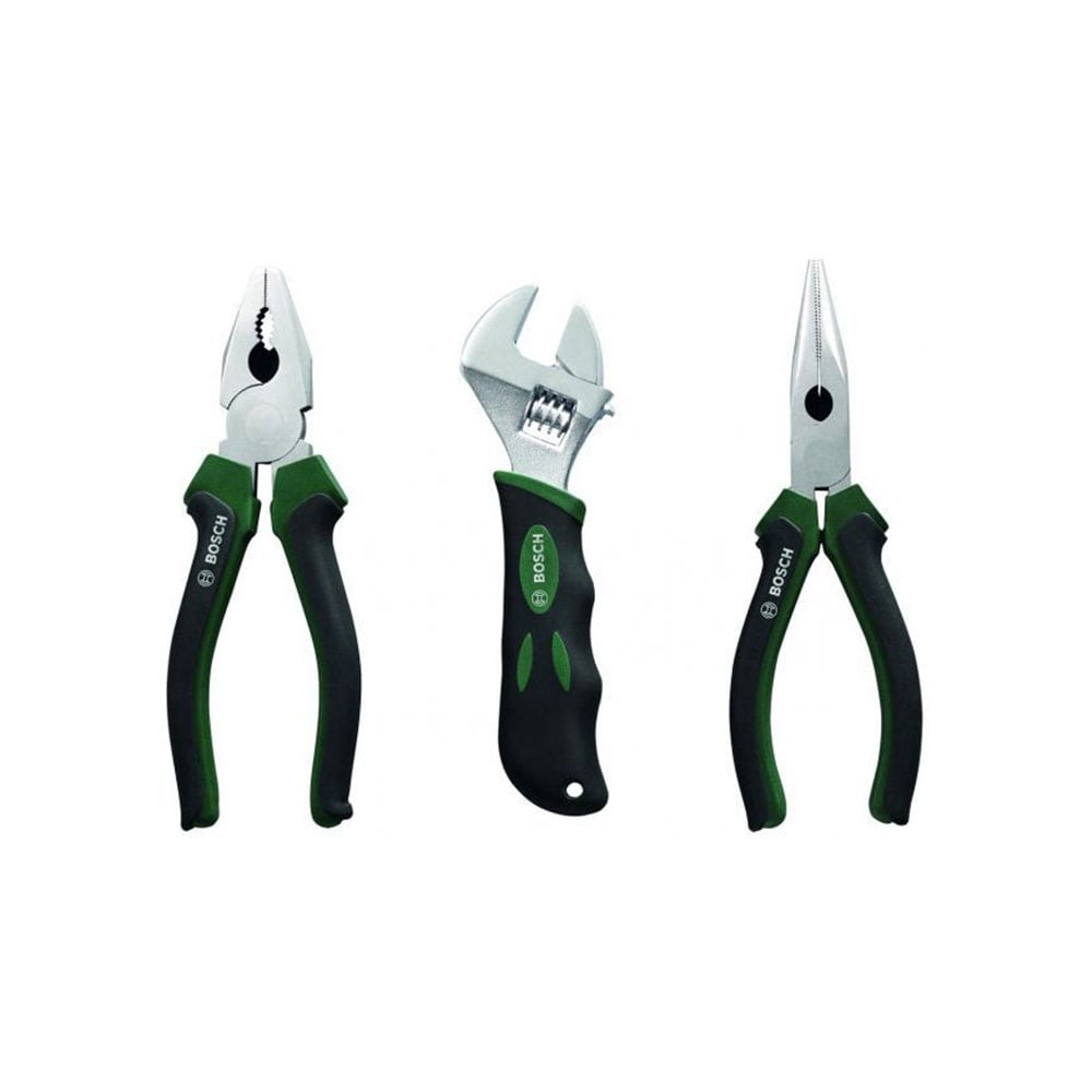 Set 3 piese, patent, cheie reglabila, cleste ascutit, Bosch, culoare verde