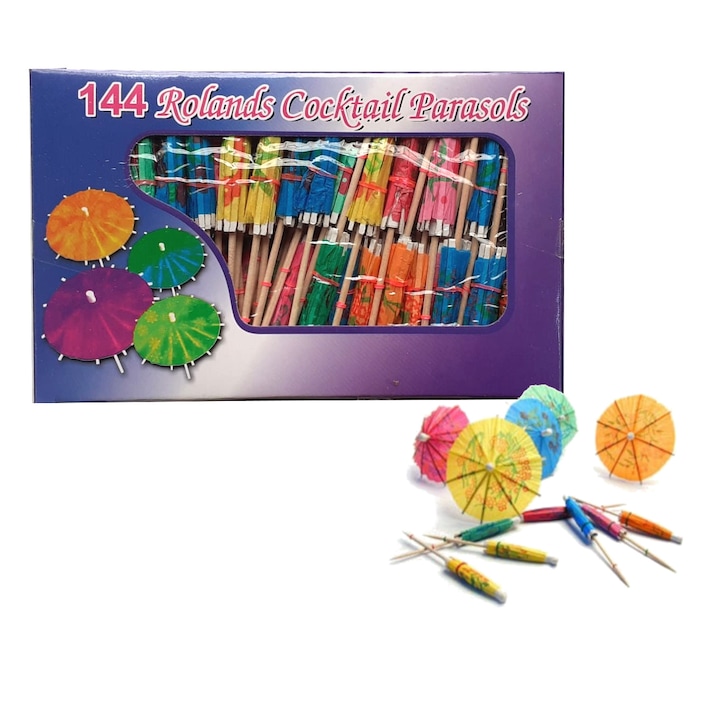 Set 144 umbrelute cocktail din lemn, diverse culori, lungime 6.8 cm