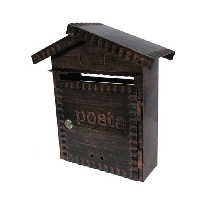 Външна пощенска кутия, неръждаема стомана, с цилиндър, антична декорация, кафява, размери 32,5 x 11,5 x 28 cm