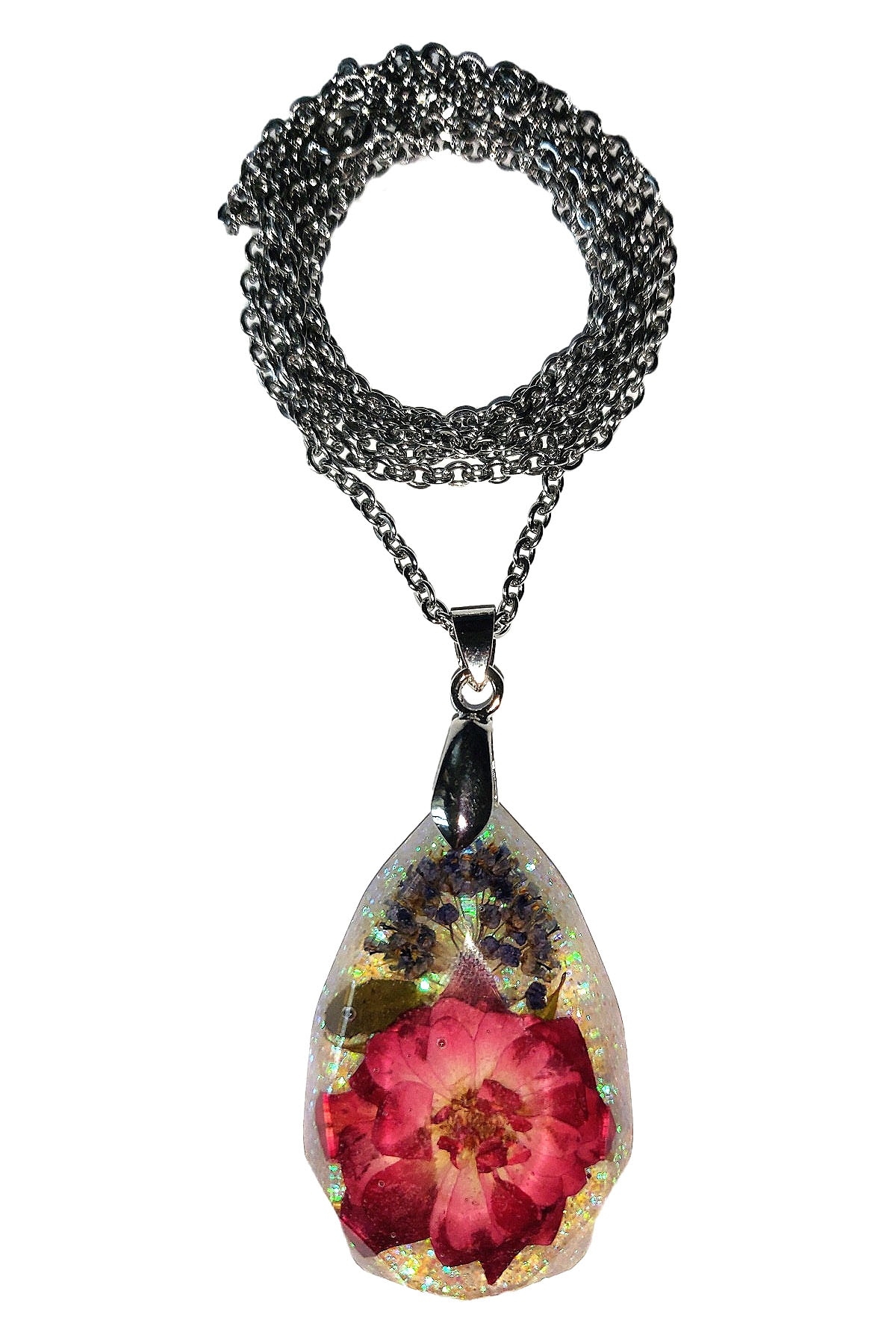 Colier cu pandativ din flori naturale si rasina, otel inoxidabil, Delirium, multicolor, unicat