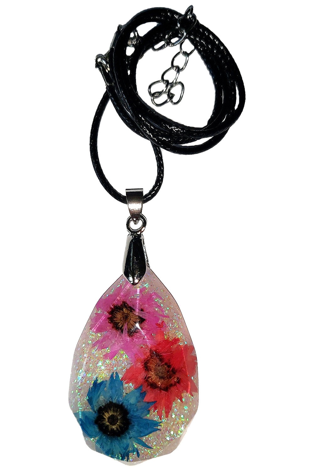 Colier cu pandativ din flori naturale si rasina, Delirium, rosu, roz, albastru, unicat