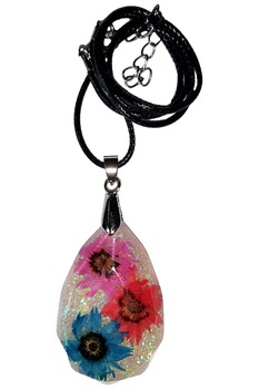 Colier cu pandativ din flori naturale si rasina, Delirium, rosu, roz, albastru, unicat Colier cu pandativ din flori naturale si rasina, Delirium, rosu, roz, albastru, unicat