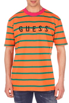 Tricou cu logo si imprimeu in dungi, Guess, Oranj Tricou cu logo si imprimeu in dungi, Guess, Oranj