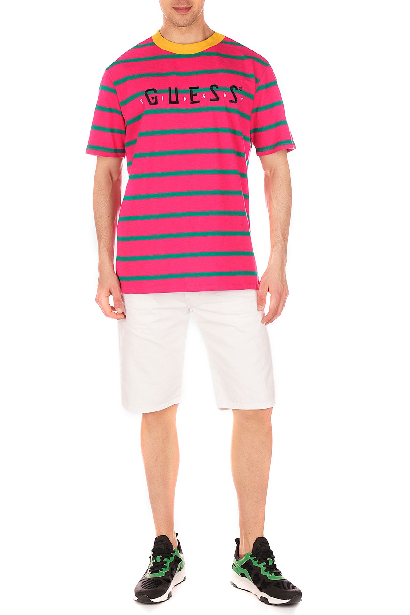 Tricou cu logo si imprimeu in dungi, Guess, Fucsia