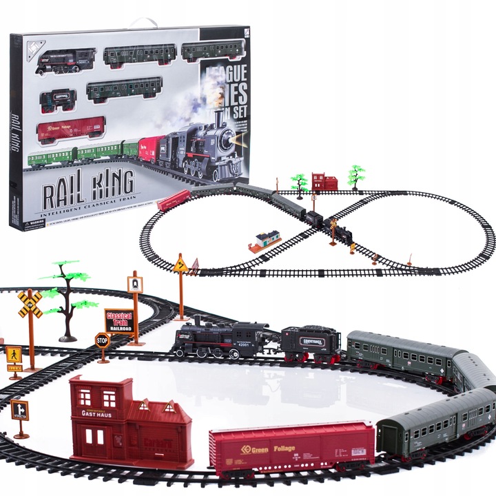 Направи си сам електрическа влакова верига „ISP GoldenAge Train“, реалистичен дим, контейнер за вода, звуци, светлини, 1 локомотив, 5 вагона, гара, железопътни знаци, черно/червено