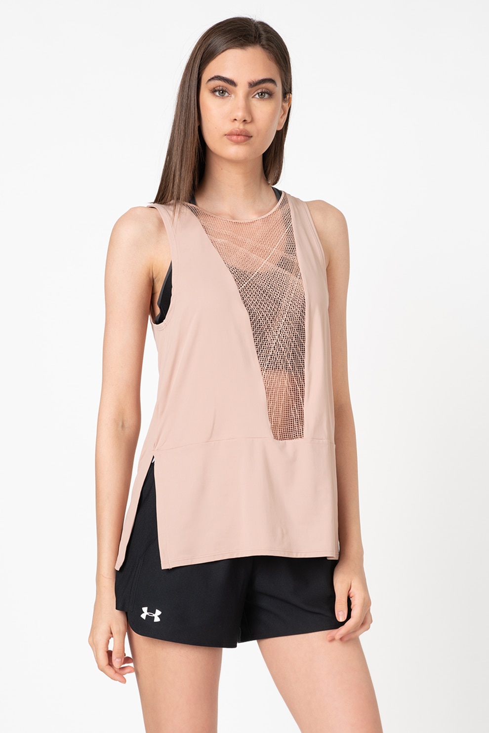 Under Armour, Top lejer cu insertie de plasa, pentru fitness Misty Signature, Roz prafuit