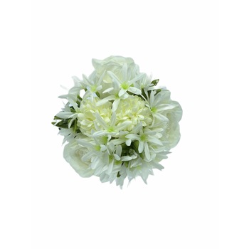 Buchet mixt artificial, Trandafir, Crizantema, Alb, 30 cm