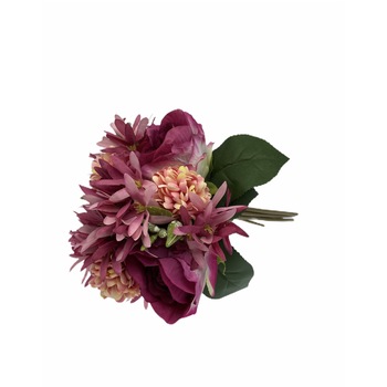 Buchet mixt artificial, Trandafir, Crizantema, Mov, 30 cm
