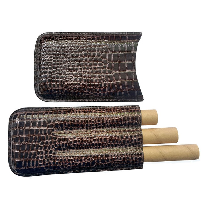 Etui trabuc piele naturala croco, maron 3 trabucuri