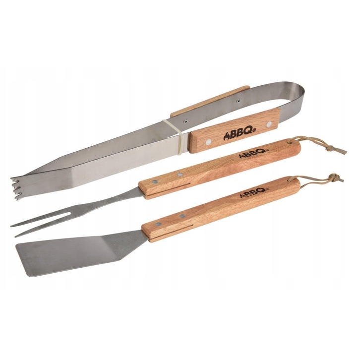 Set ustensile gratar BBQ, otel inoxidabil/lemn, 35 cm, argintiu/maro