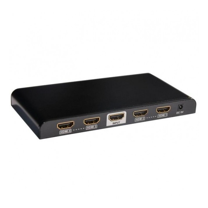 Активен HDMI сплитер, включено захранване, Techly, 4K UHD 3D, 1 вход, 4 изхода, черен