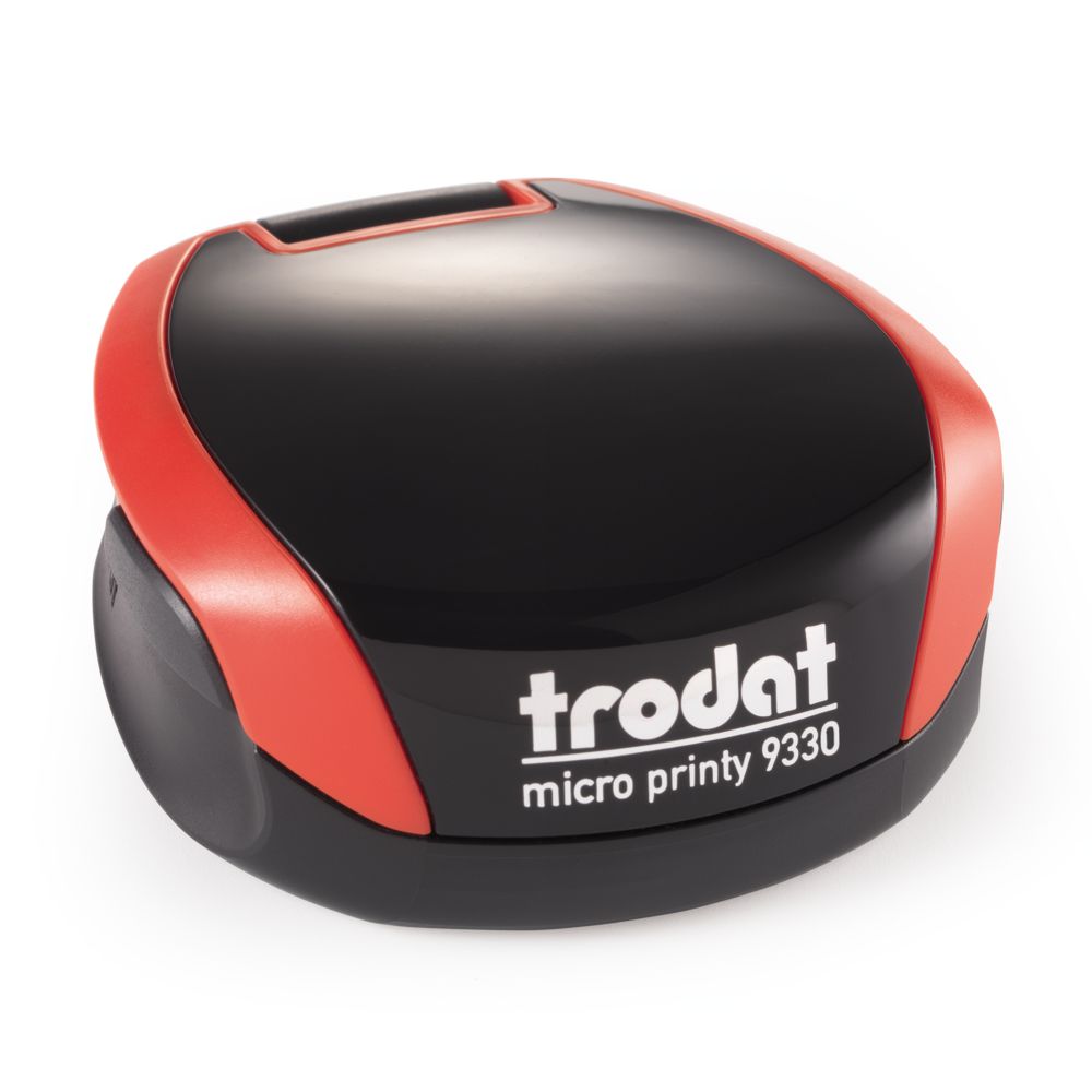Stampila rotunda firma, de buzunar, Trodat Micro Printy 9330, tus albastru, diametru 30 mm, culoare rosie