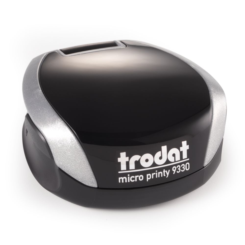 Stampila rotunda firma, de buzunar, Trodat Micro Printy 9330, tus albastru, diametru 30 mm, culoare argintiu