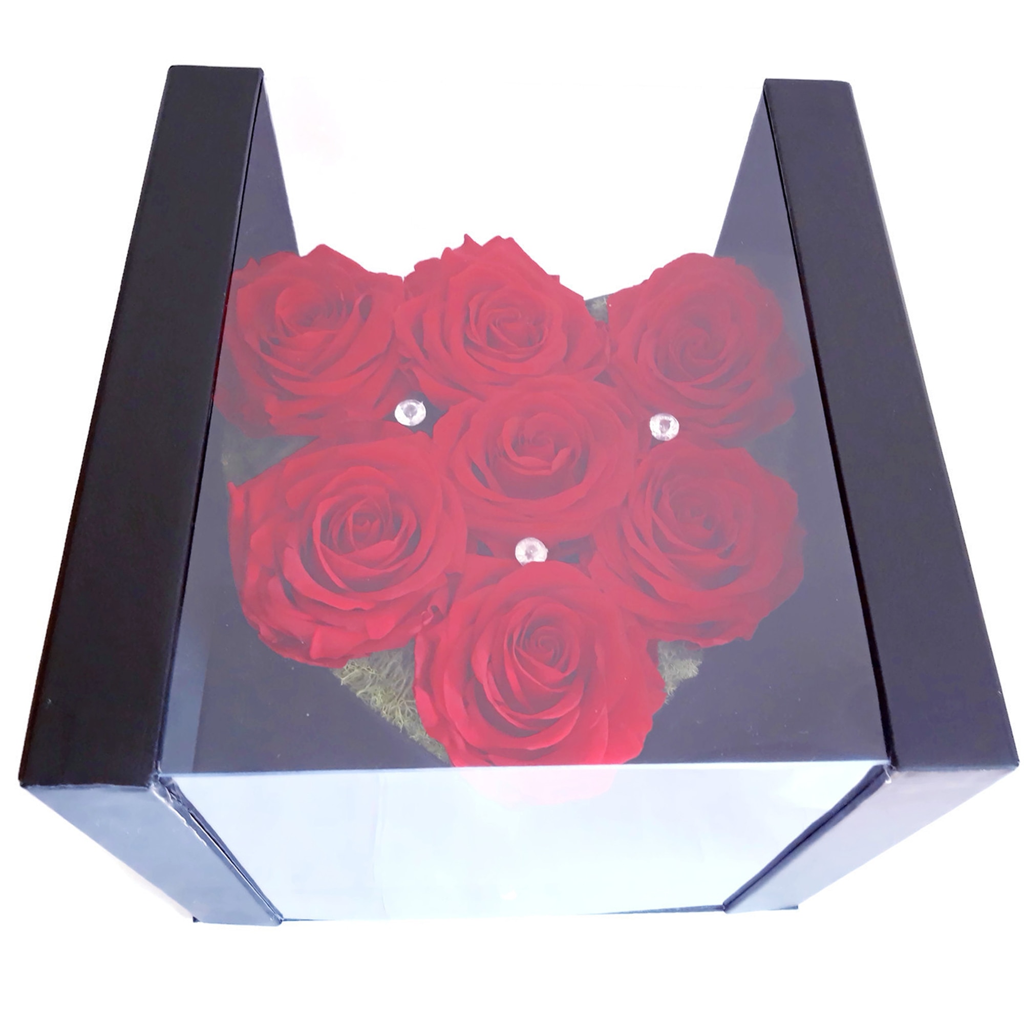 Aranjament floral cu 7 trandafiri criogenati premium, Fresh Concept, editie de lux, in cutie neagra, cu sertar, rosu, marime XL