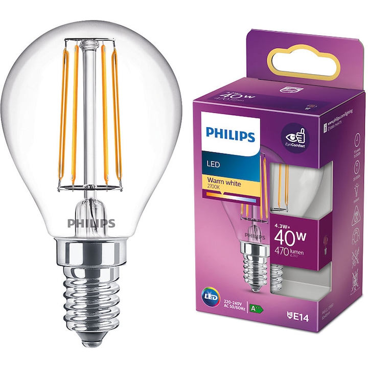 Bec LED Philips Classic, E14, 4.3W (40W), 470 lm, lumina alba calda (2700K), clasa energetica F