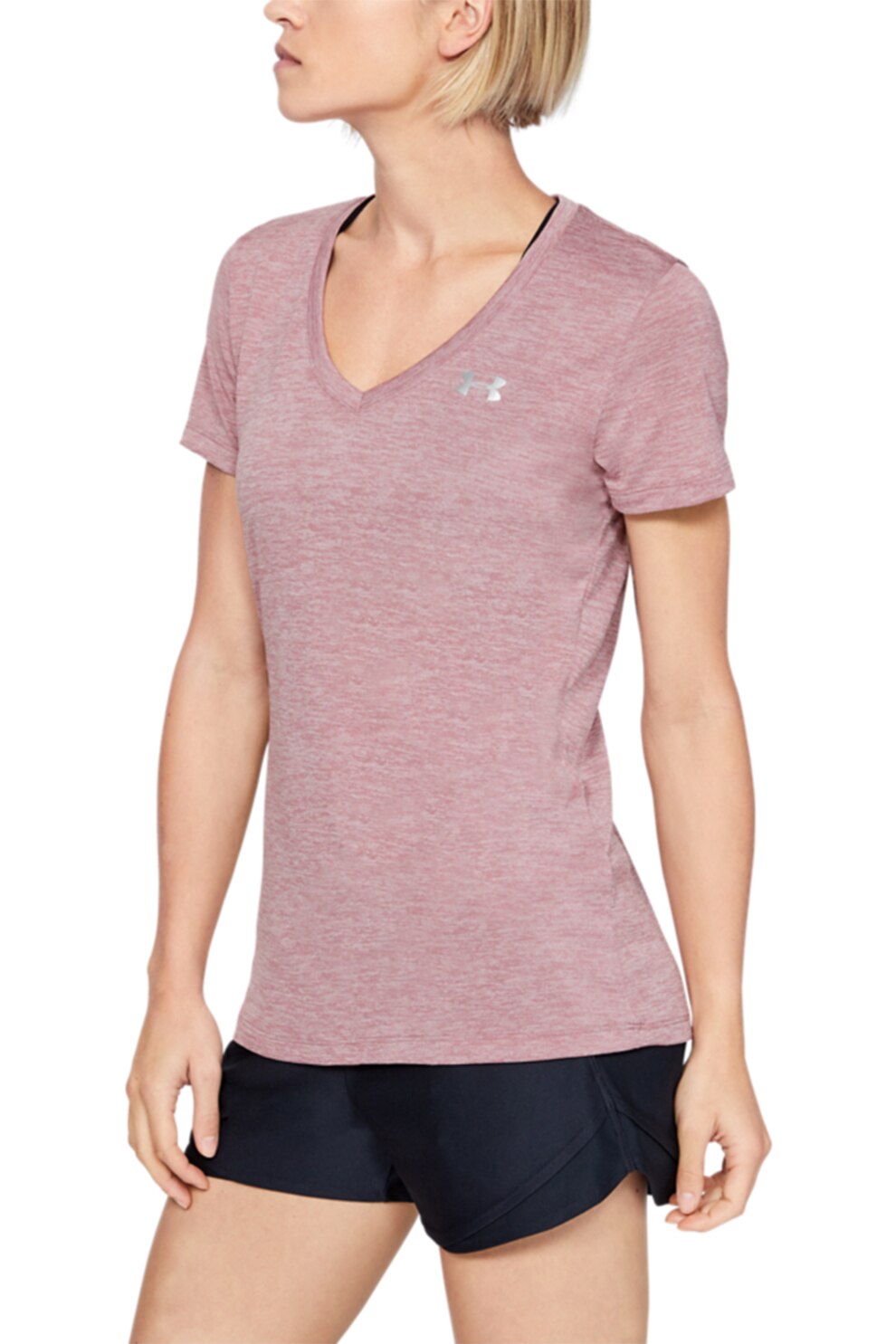 Under Armour, Tricou lejer cu decolteu in V pentru fitness Tech™ Twist, Roz prafuit