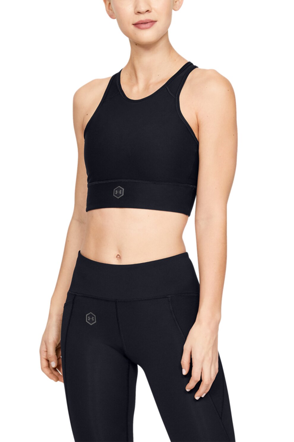 Under Armour, Bustiera cu decupaj pe spate si burete, pentru fitness Rush, Negru