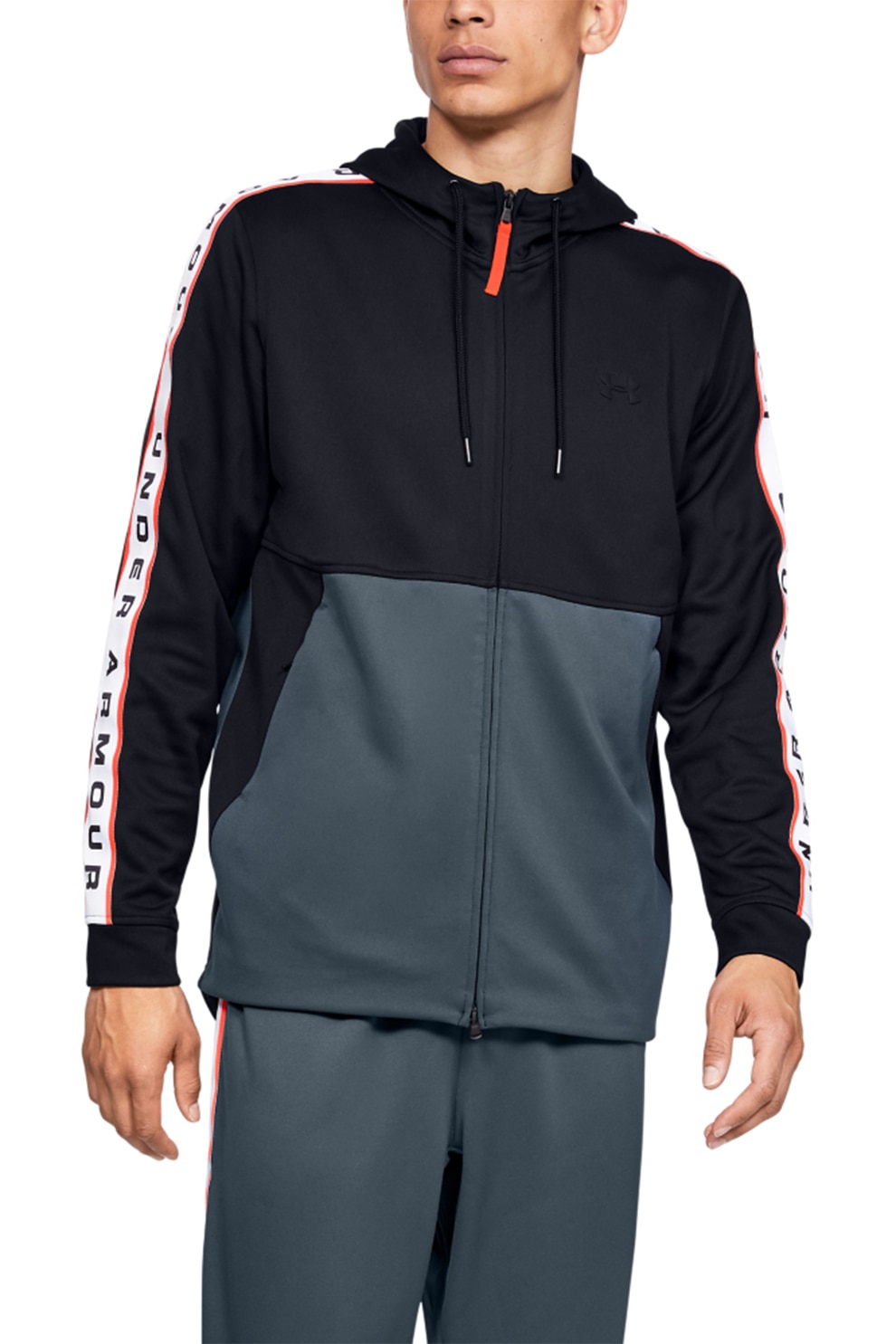 Under Armour, Hanorac cu fermoar si benzi laterale cu imprimeu logo, pentru fitness Unstoppable, Negru/gri/verde neon, 2XL