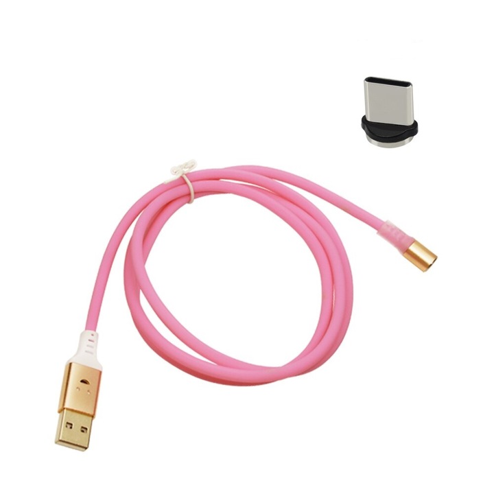 Töltőkábel, fényjáték zenei ritmusérzékeléssel, EVTrend® PREMIUM MAGNETIC, USB-C, alumínium fém csatlakozó, Android telefonhoz vagy táblagéphez, USB, USB-C, 5V, 2A, 1m, LED, PINK