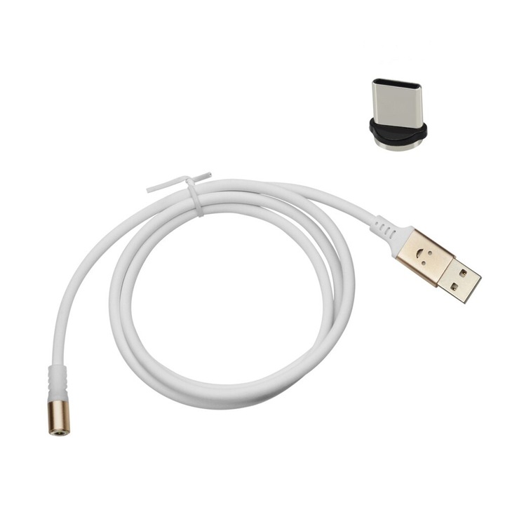 Töltőkábel, fényjáték zenei ritmusérzékeléssel, EVTrend® PREMIUM MAGNETIC, USB-C, alumínium fém csatlakozó, TPE védőbevonat, Android telefonhoz vagy táblagéphez, USB, USB-C, 5V, 2A, 1m, LED , FEHÉR