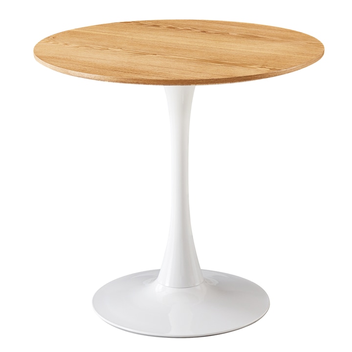 Masa dining/bucatarie Kring Swan, rotunda, cu piedestal, blat MDF / baza metal, 80x73 cm, Alb / Stejar