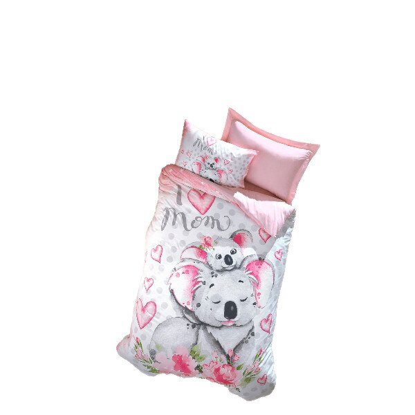 Lenjerie pat 1 persoana bumbac 100 ranforce, Cotton Box, Koala - Pink