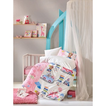 Lenjerie patut bebelusi bumbac 100% ranforce, 4 piese, Cotton Box, Sevimli Seyahat - Pink Lenjerie patut bebelusi bumbac 100% ranforce, 4 piese, Cotton Box, Sevimli Seyahat - Pink