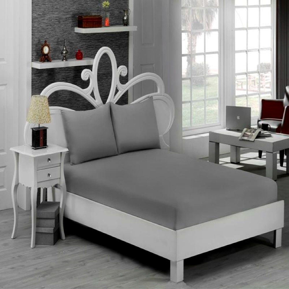 Set pat 3 piese Mally Home Yuny , cearceaf pat cu elastic 160 x 200 + 25 cm si doua fete de perna 50 x 70 cm,100% bumbac, Gri