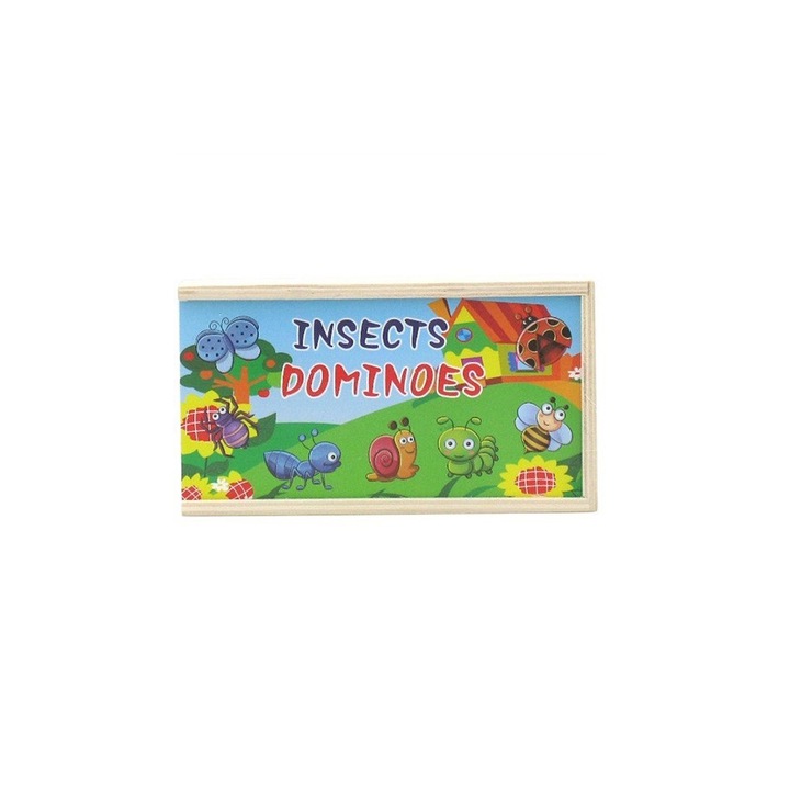 Set domino din lemn, ilustratii insecte, joc interactiv, cifre in limba engleza, Doty