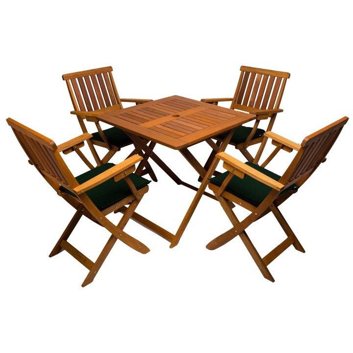 Set mobilier terasa / gradina cu masa patrata, Hamburg si 4 scaune pliabile, cu brate si perne incluse