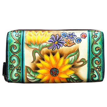 Niarvi, Portofel de piele pictat manual Rising Flower, Multicolor Niarvi, Portofel de piele pictat manual Rising Flower, Multicolor