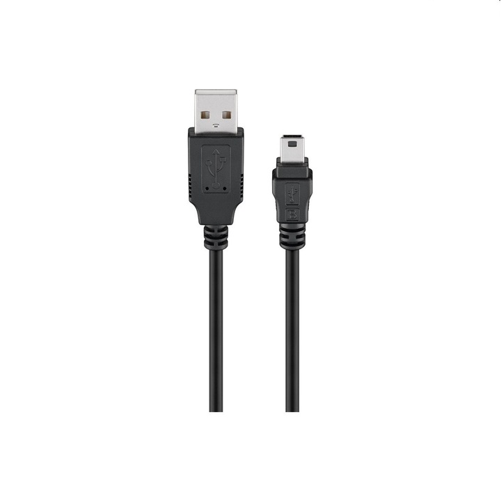 Високоскоростен кабел USB 2.0 MKTECH-Goobay, 1.0 м, USB 2.0 мъжки (тип A) към Мини USB 2.0 мъжки (тип B, 5-пинов) за синхронизация и зареждане, черен