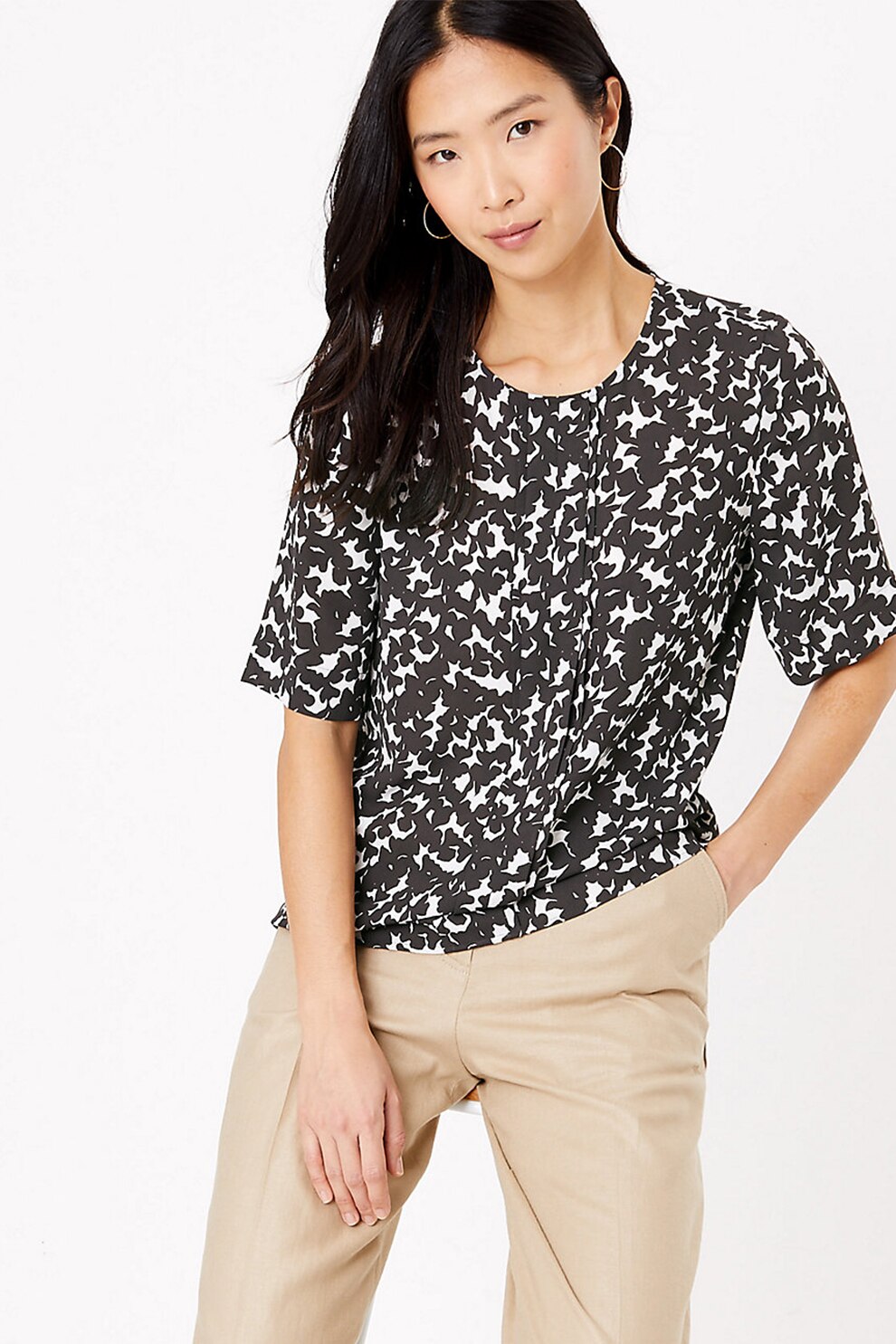 Marks & Spencer, Bluza cu maneca scurta si model abstract, Gri hematit/Alb, 36