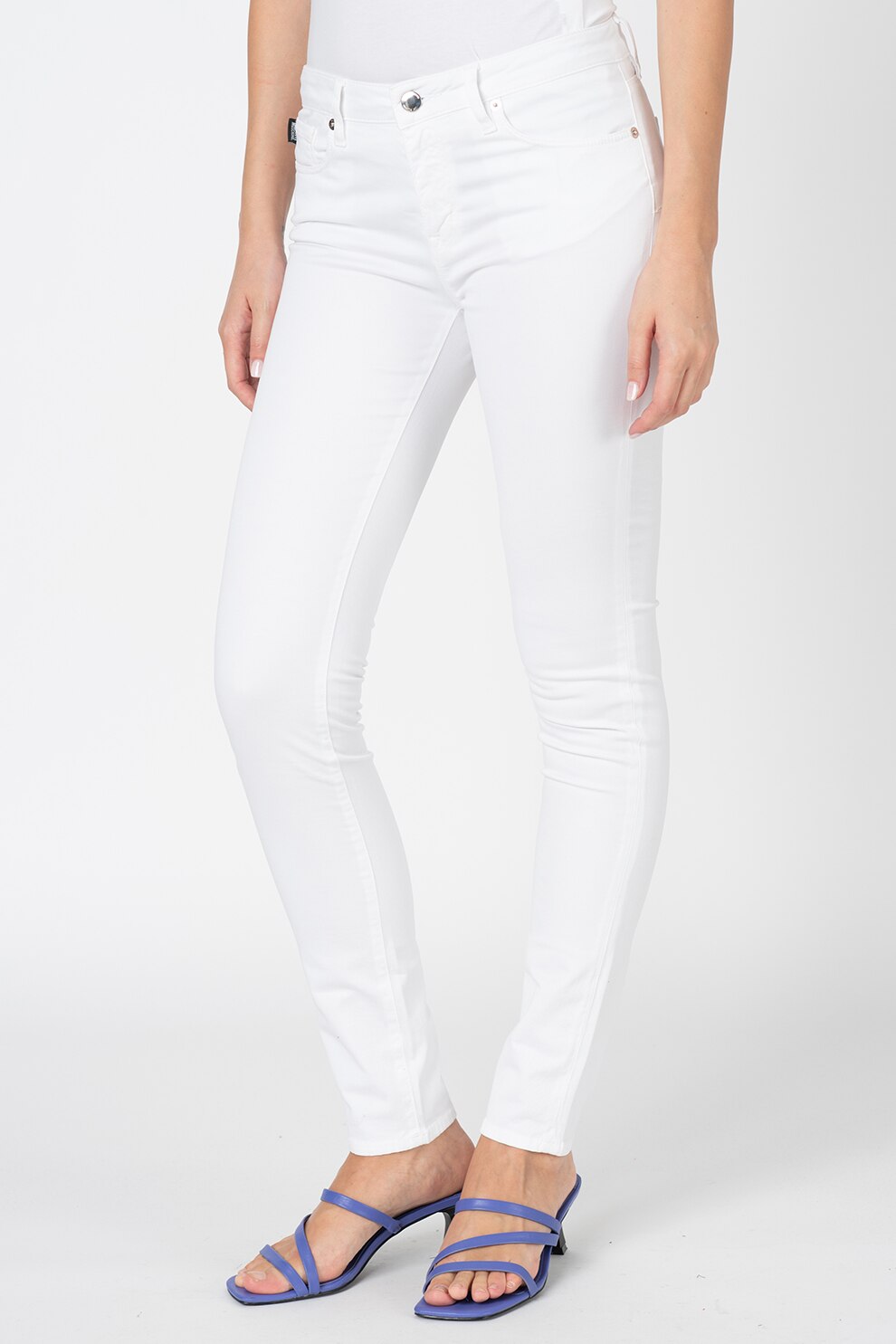 Love Moschino, Blugi skinny cu logo brodat, Alb, 29