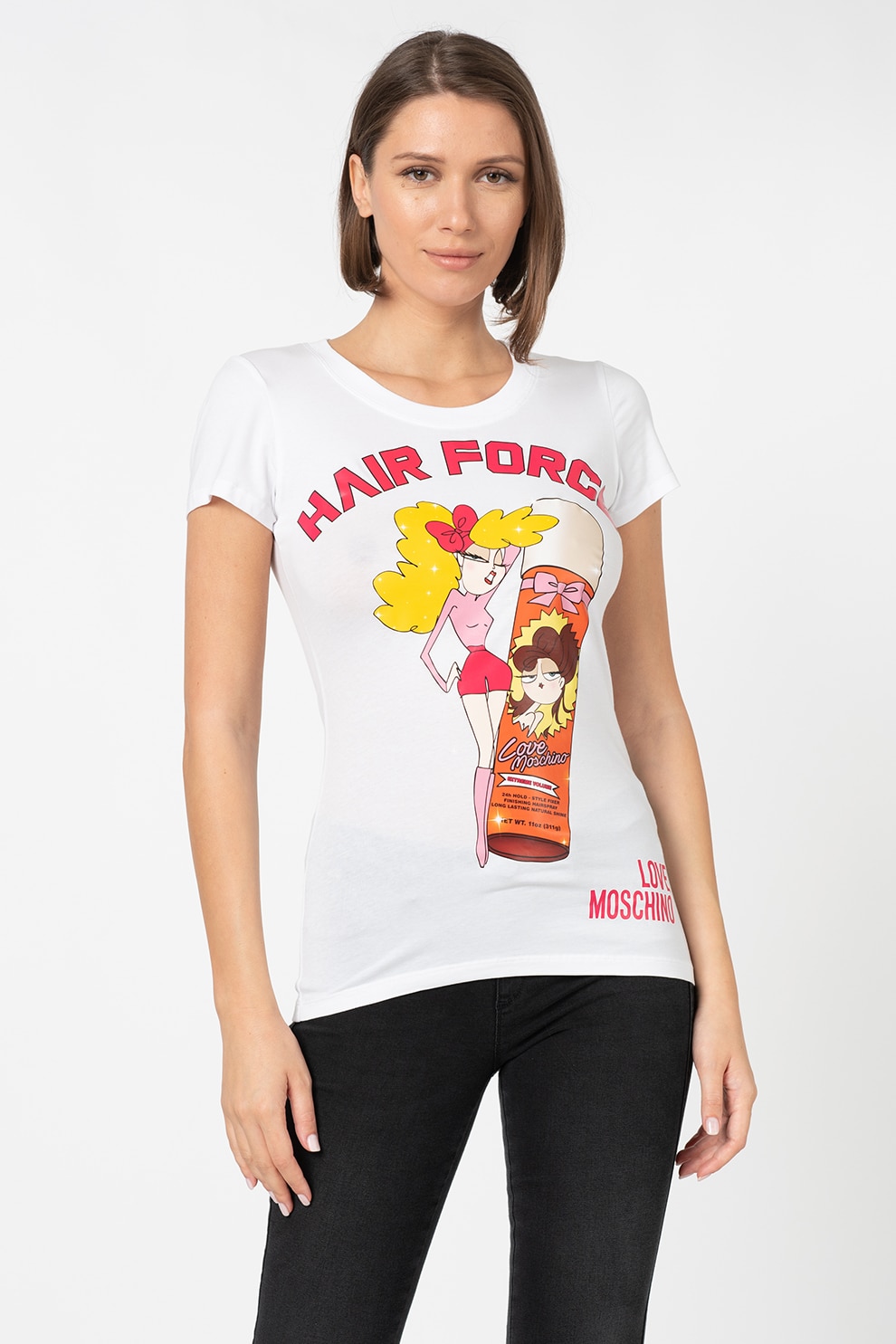 Love Moschino, Tricou cu imprimeu grafic, Alb/Roz/Galben, L