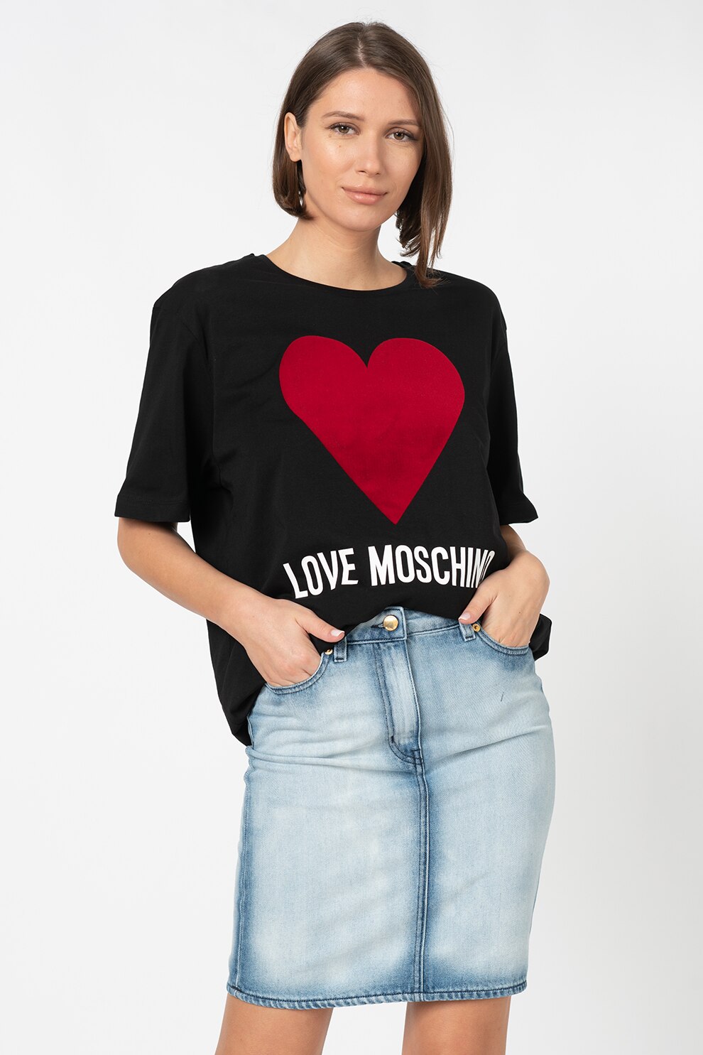 Love Moschino, Tricou cu aplicatie inima din catifea, Negru/Rosu, M