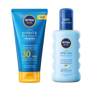 Set ingrijire solara Nivea: Gel-crema cu protectie solara Protect & Dry Touch SPF 30, 175 ml + Spray dupa plaja After Sun Moisture, 200 ml Set ingrijire solara Nivea: Gel-crema cu protectie solara Protect & Dry Touch SPF 30, 175 ml + Spray dupa plaja After Sun Moisture, 200 ml