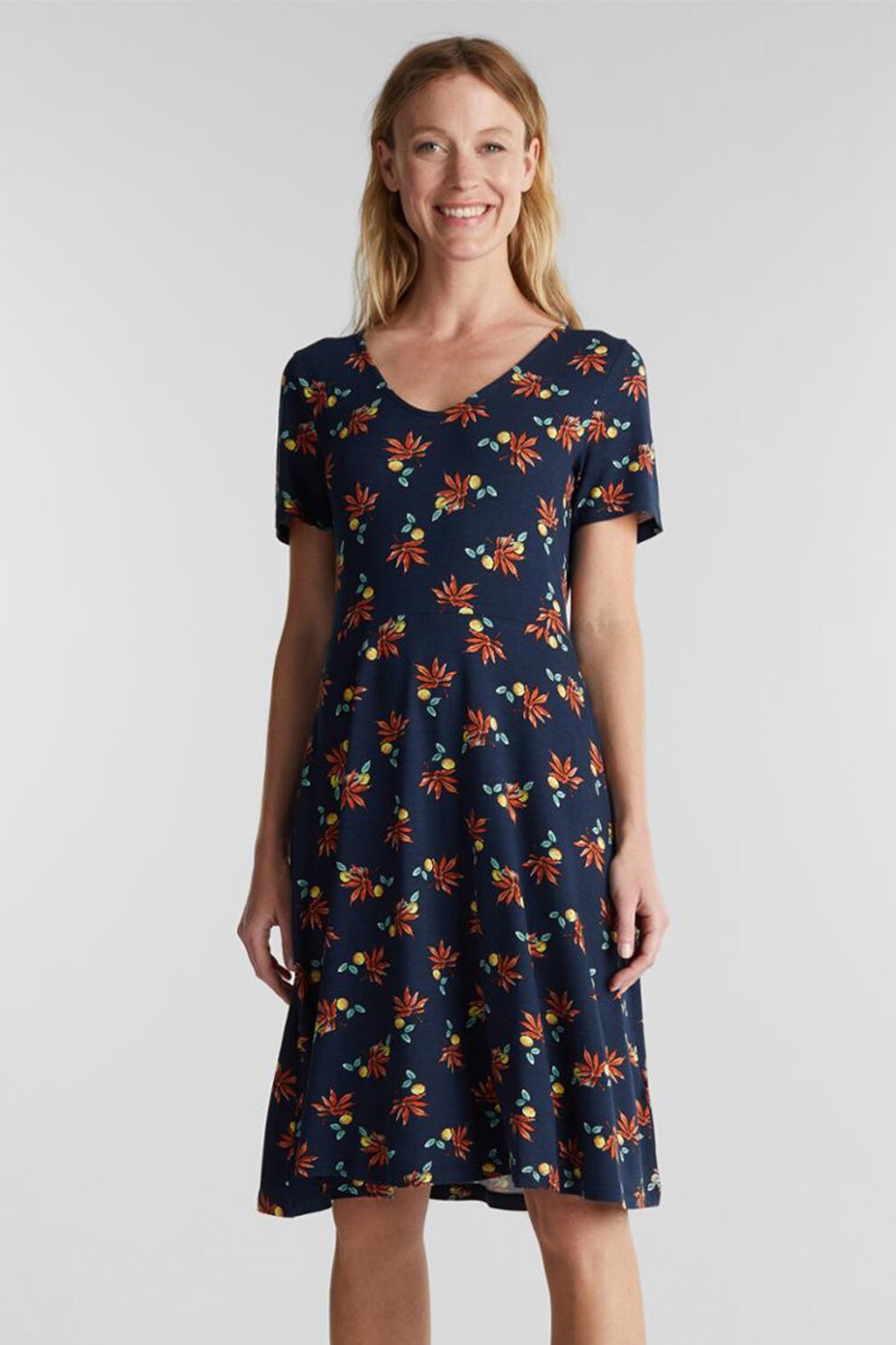 Esprit, Rochie midi cu imprimeu floral, Bleumarin, XS
