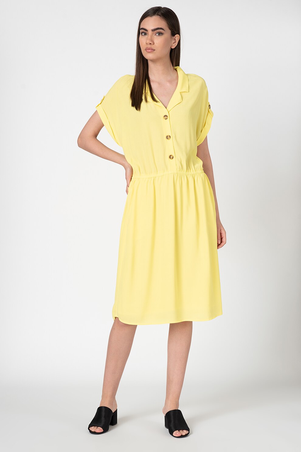 Esprit, Rochie cu decolteu in V si maneci cazute, Galben