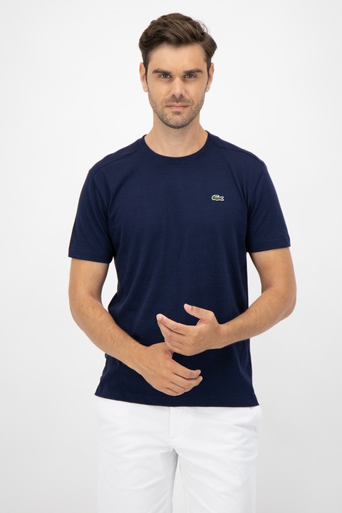 Lacoste, Tricou cu decolteu la baza gatului si aplicatie logo discreta, Bleumarin
