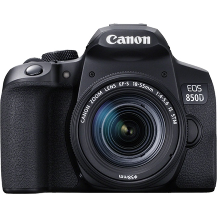 Aparat foto DSLR Canon EOS 850D, 24.1 MP, 4K, Negru + Obiectiv EF-S 18-55mm IS