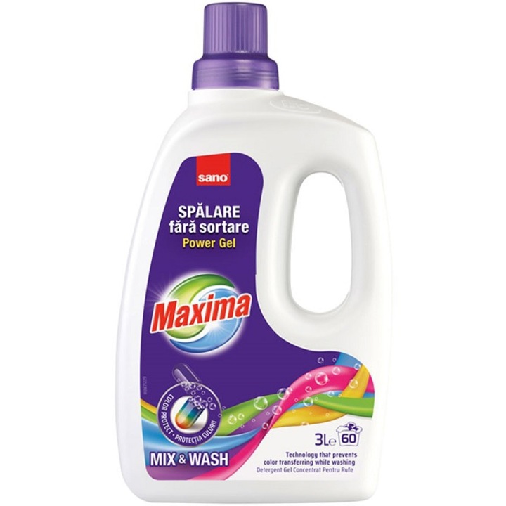Detergent gel concentrat pentru rufe Sano Maxima Mix&Wash, 60 spalari, 3 l